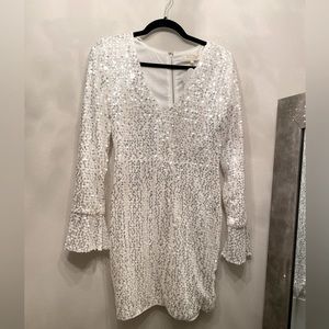 White Sequin Bell Sleeve Dress